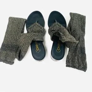 [CHANEL]★Shearing wool sandals & socks CHANEL Shearing Fur Sandals CC Logo EU 39 Black Used From